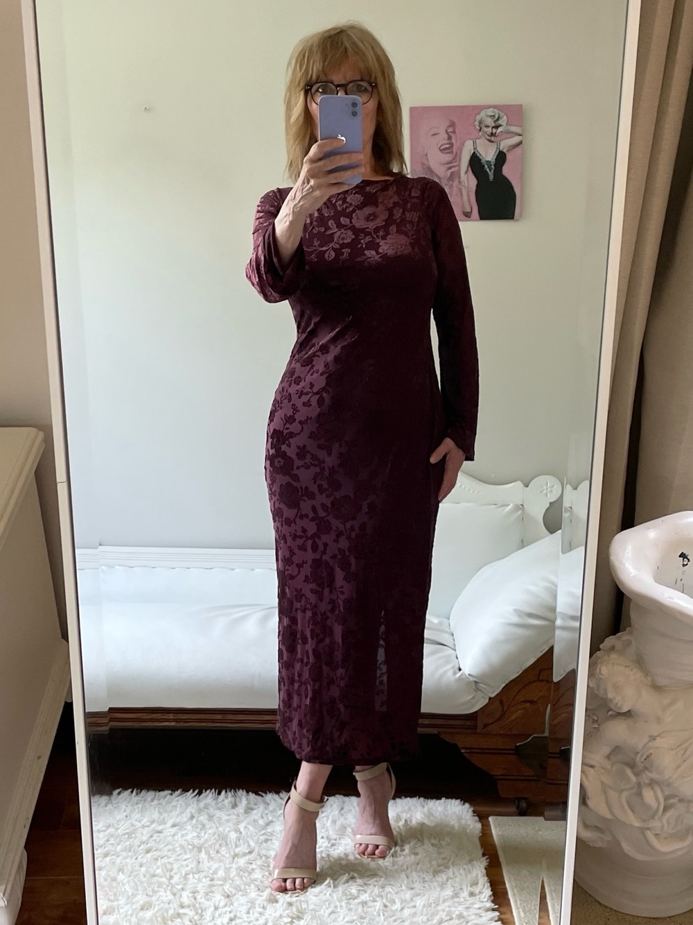 NWT LONG SLEEVE PLUM PURPLE BURNOUT DRESS BACK SLIT LINED TIES EMBOSSED FLORAL